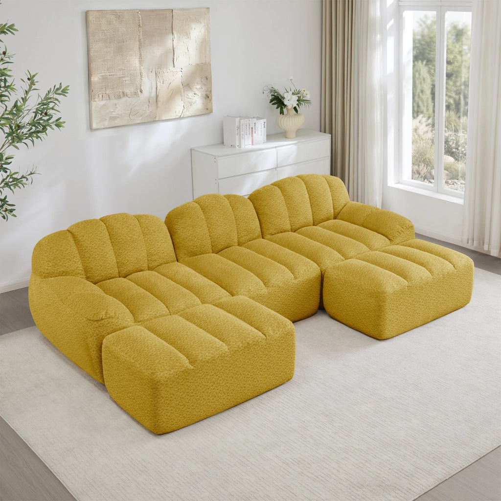 Divano modulare angolare con pouf, schienale ergonomico e seduta ampia in pile granulato giallo 288 × 165 × 79 cm
