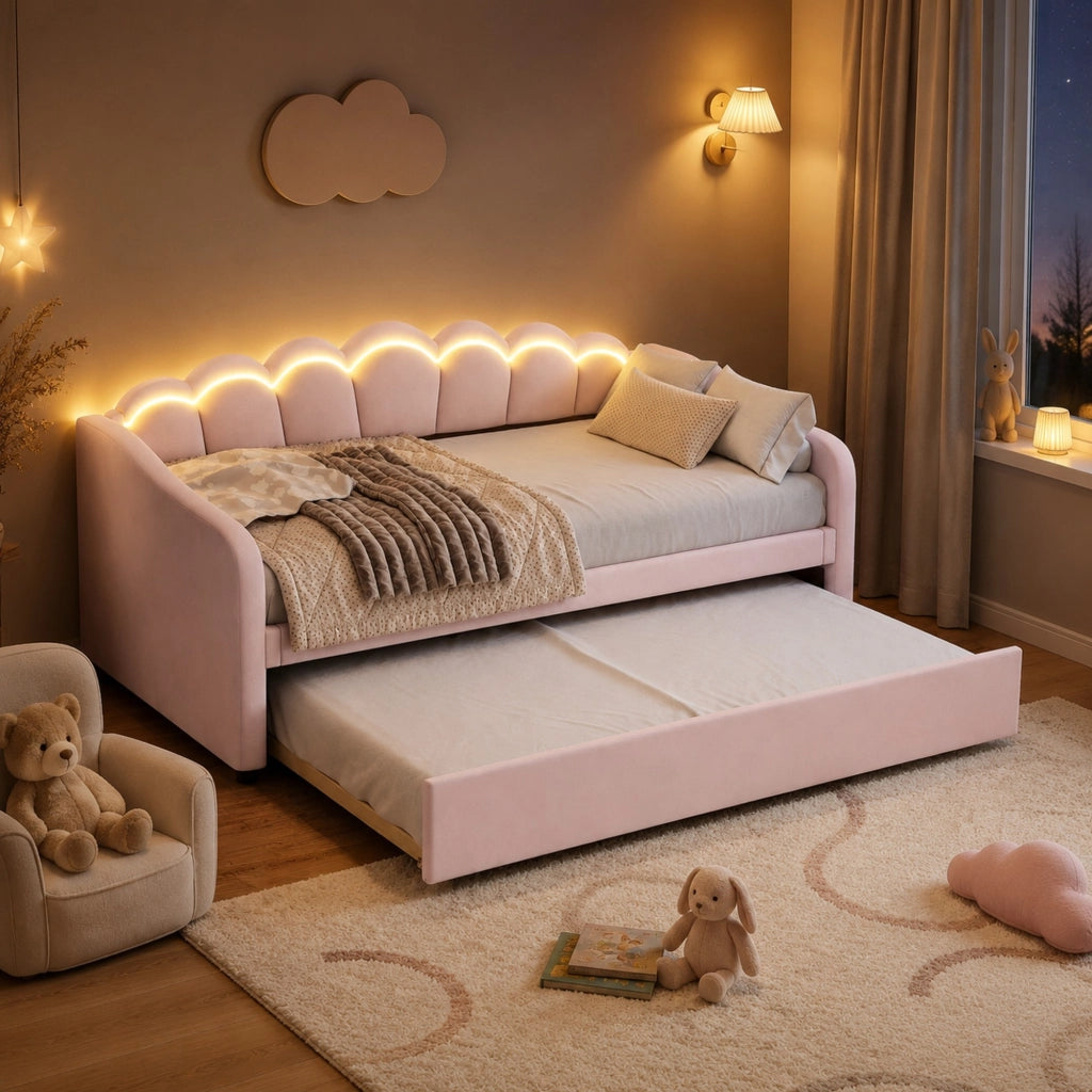LETTO con letto estraibile 90x200 cm in velluto rosa con LED