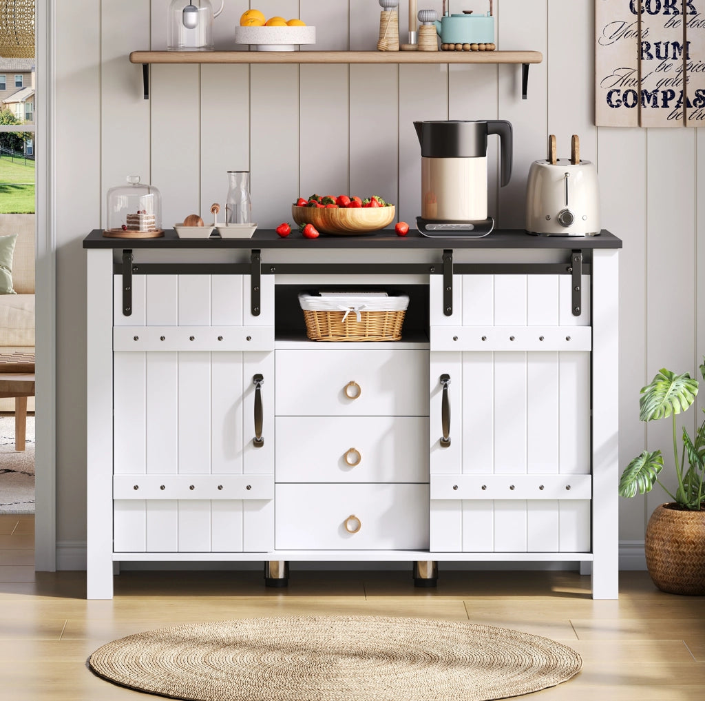 Credenza moderna 120 cm bianca con ante scorrevoli e 3 cassetti