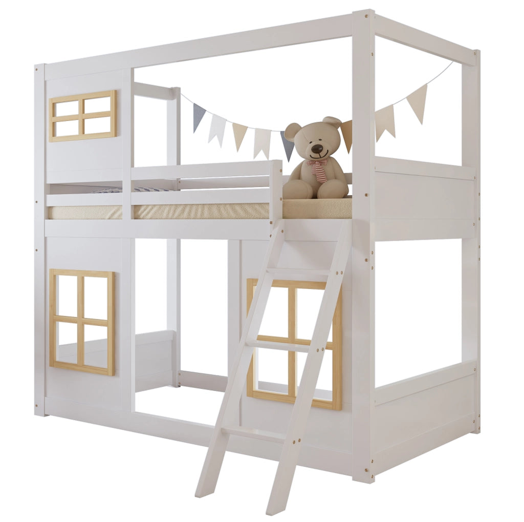 Letto a castello per bambini 90x200 cm con finestre; scala a gradini e protezione su quattro lati