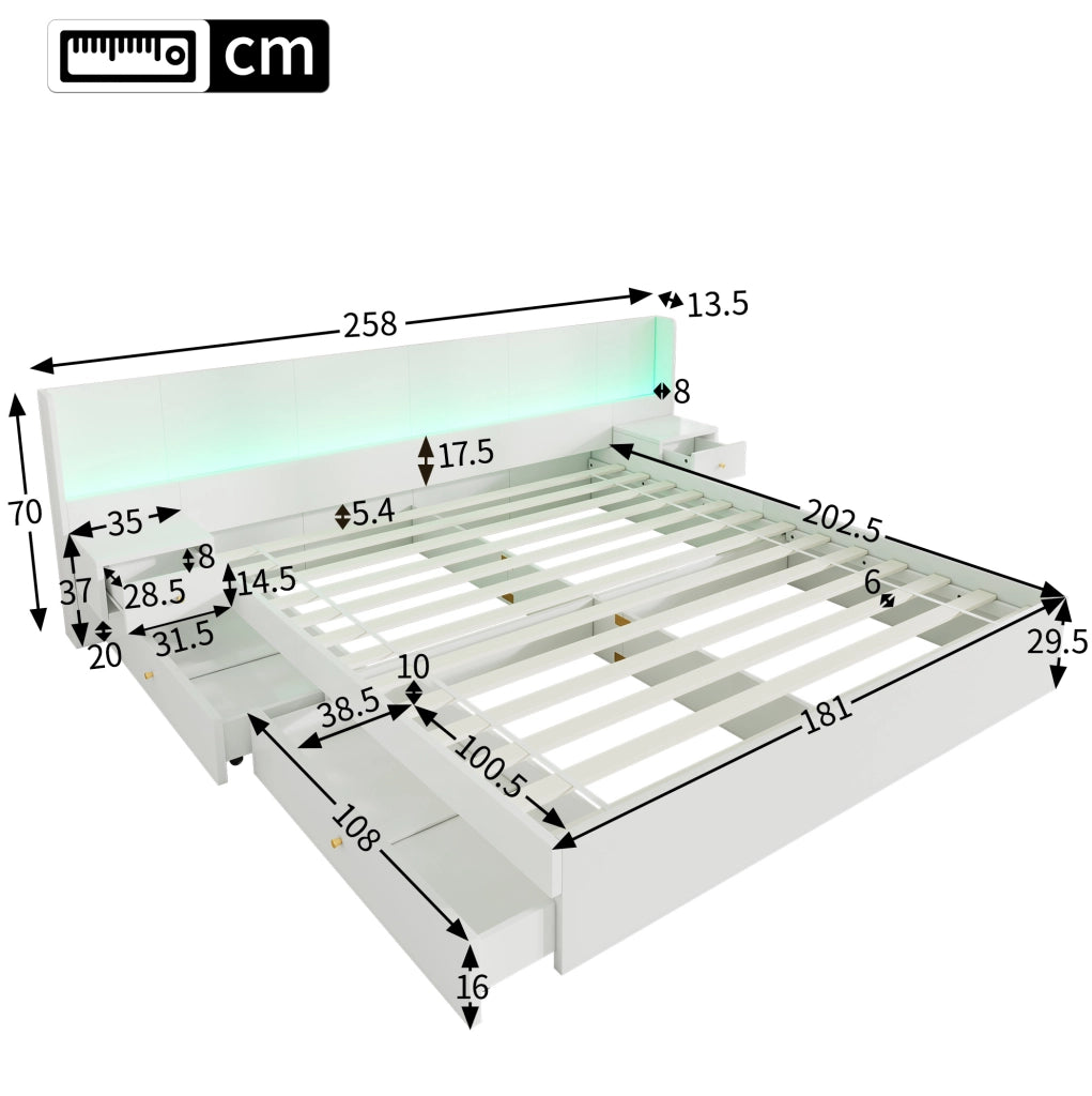 Letto matrimoniale 180x200 cm in MDF bianco con USB; LED APP; 2 comodini e cassetti