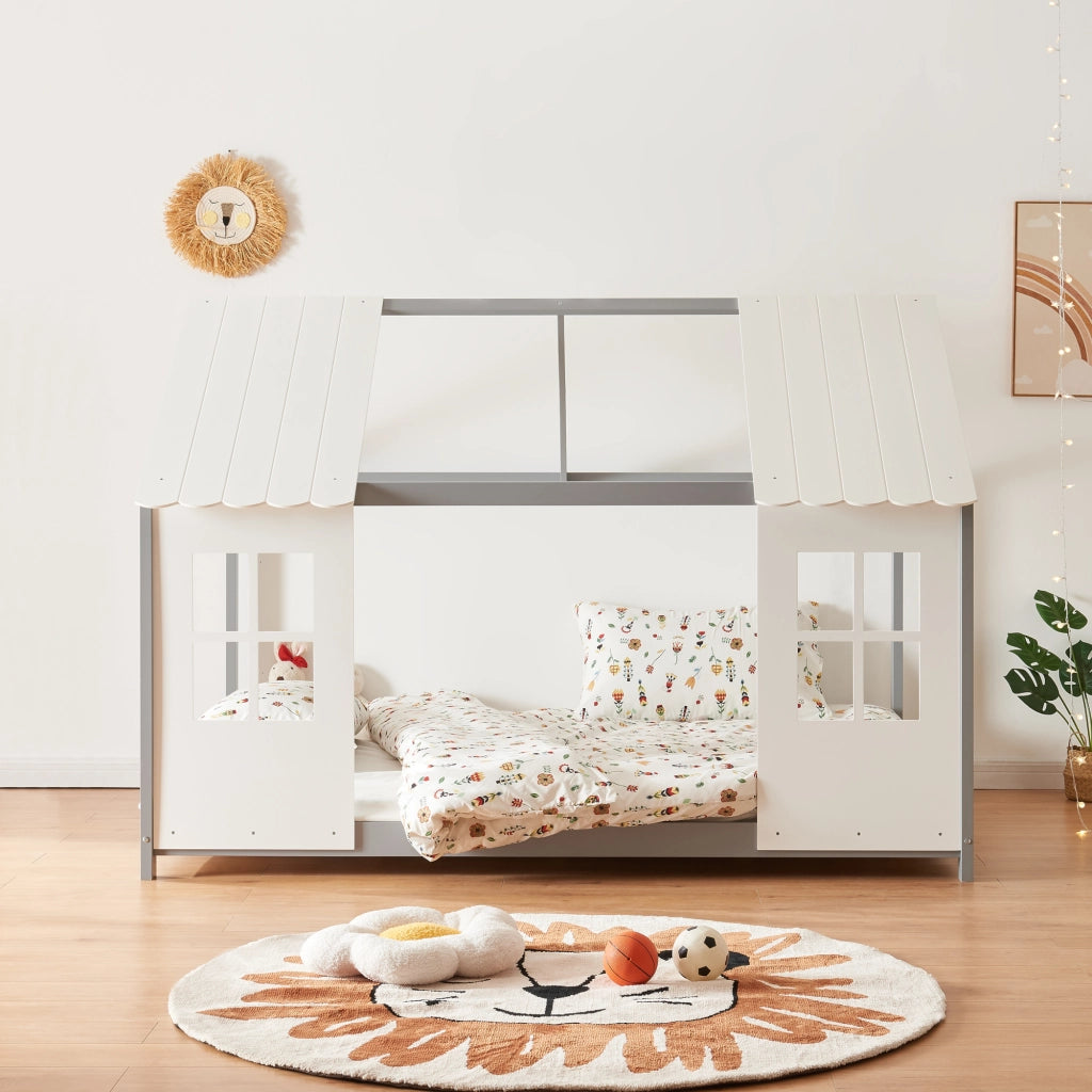 Letto Tostedt per Cameretta a Forma di Casetta con Materasso 140 x 200 Grigio / Bianco [en.casa]