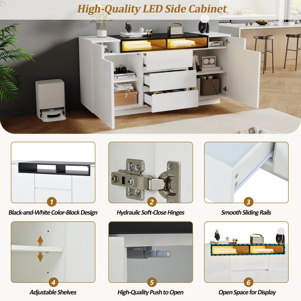 Credenza e madia con 2 ante, 3 cassetti, vani aperti e LED, per soggiorno, bianco e nero 140 × 40 × 68 cm