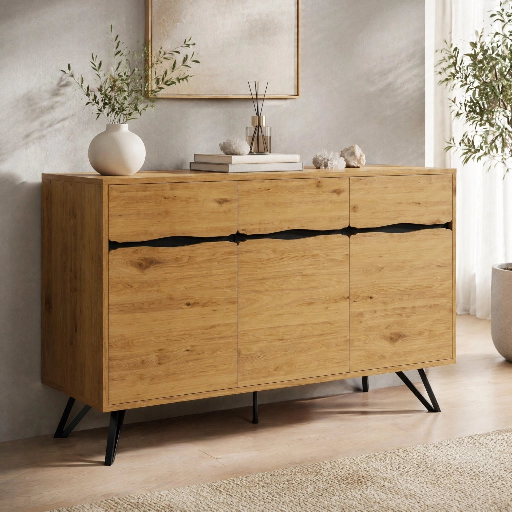 Sideboard a 3 ante in effetto legno con gambe in metallo nero, design moderno, ampio spazio contenitivo, 140 ¡Á 40 ¡Á 75,5 cm