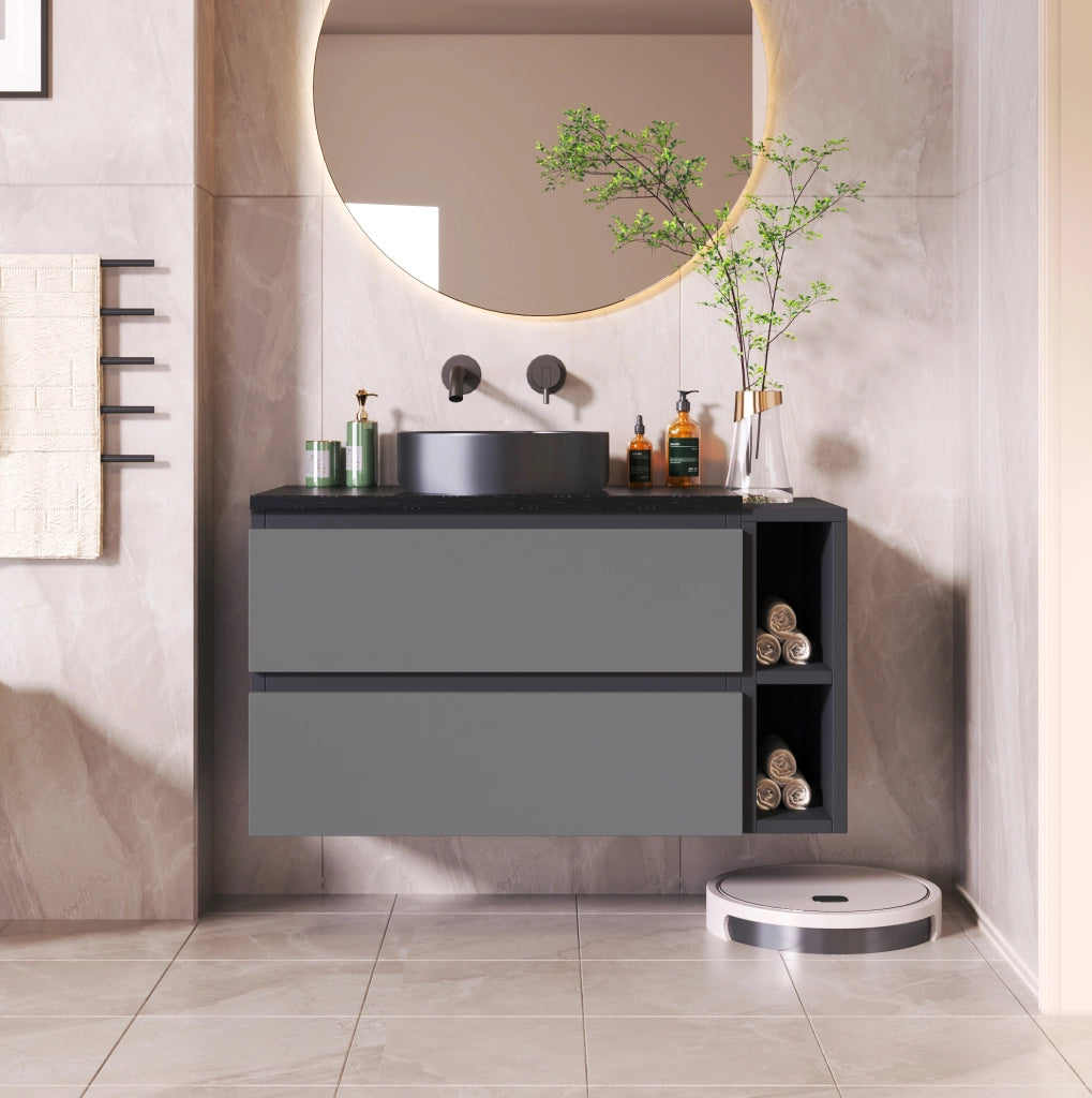 Mobile lavabo sospeso con lavabo in ceramica; piano in marmo; nero e grigio
