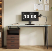 Scrivania moderna 130x50x75 cm con piano in vetro, 3 cassetti e vano aperto