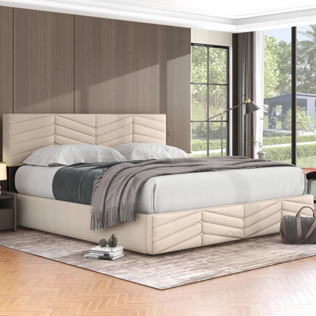 Letto Contenitore Letto Matrimoniale con Testiera Regolabile; 160 × 200 cm; senza Materasso; Velluto; Beige