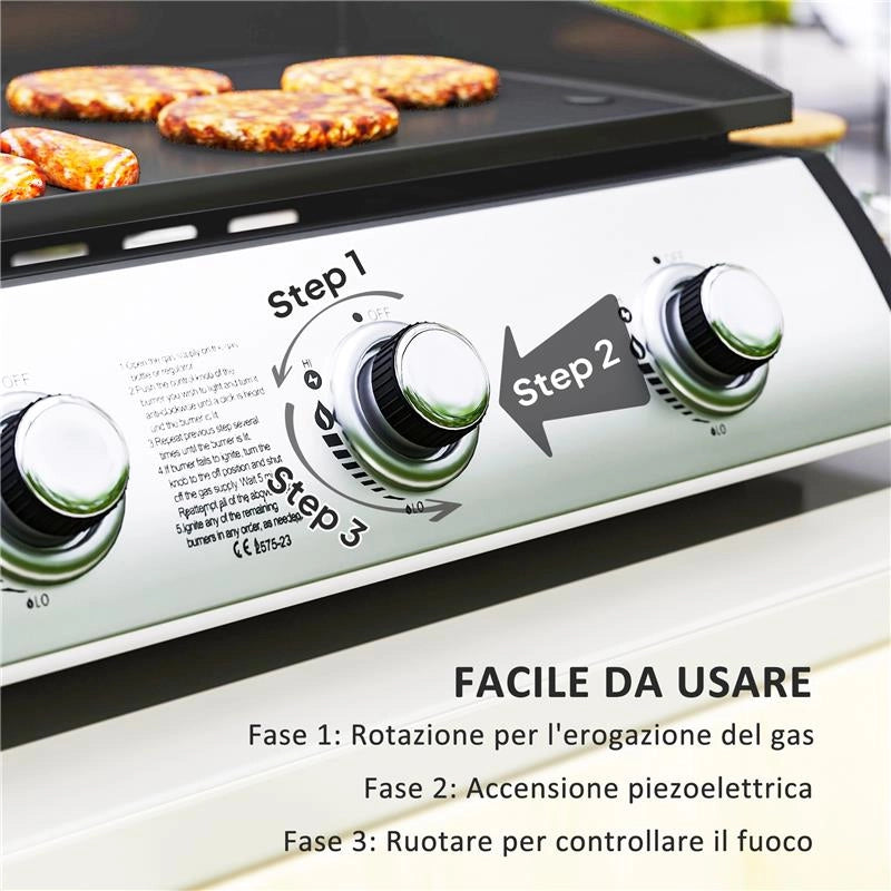 PIASTRA A GAS IN ACCIAIO SMALTATO CON 3 BRUCIATORI POTENZA 7.5KW 3 ZONE DI COTTURA E COPERCHIO NERO