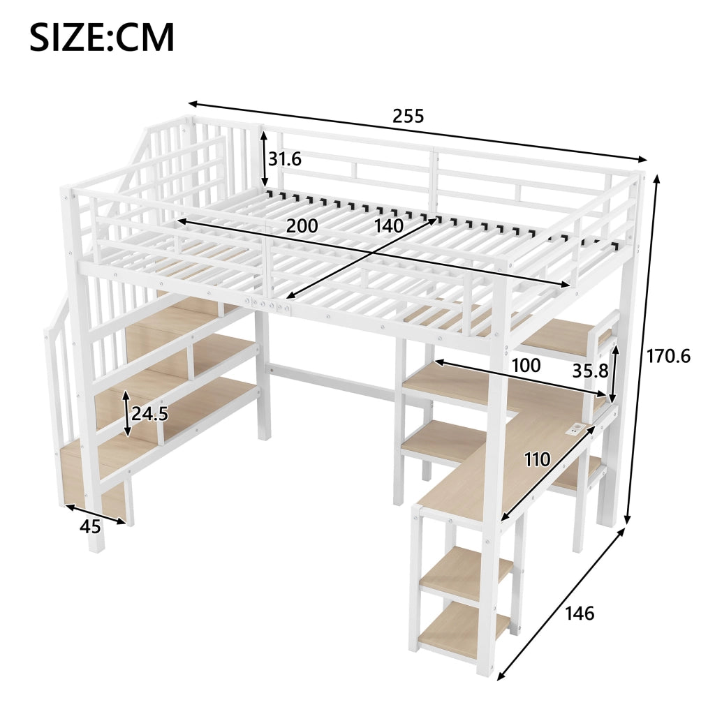 Letto a soppalco in metallo 140x200 cm con scala; scrivania integrata; ripiani e LED; bianco