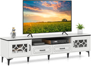 Mobile TV in Legno per Televisori Fino a 80", Mobile Porta TV 180 cm con 2 Cassetti, 2 Armadi e Scomparto, 7 Gambe Metalliche Rialzate, Consolle Media per Soggiorno (Bianco)