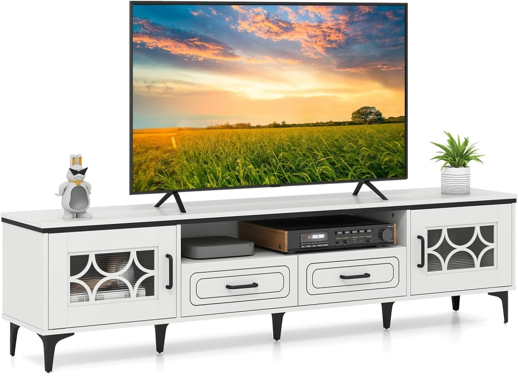 Mobile TV in Legno per Televisori Fino a 80", Mobile Porta TV 180 cm con 2 Cassetti, 2 Armadi e Scomparto, 7 Gambe Metalliche Rialzate, Consolle Media per Soggiorno (Bianco)