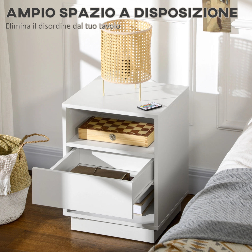 Easycomfort Comodini Moderni con LED, Set 2 Pezzi in Truciolato Bianco con Cassetto e 2 Ripiani Aperti, 40x40x55 cm