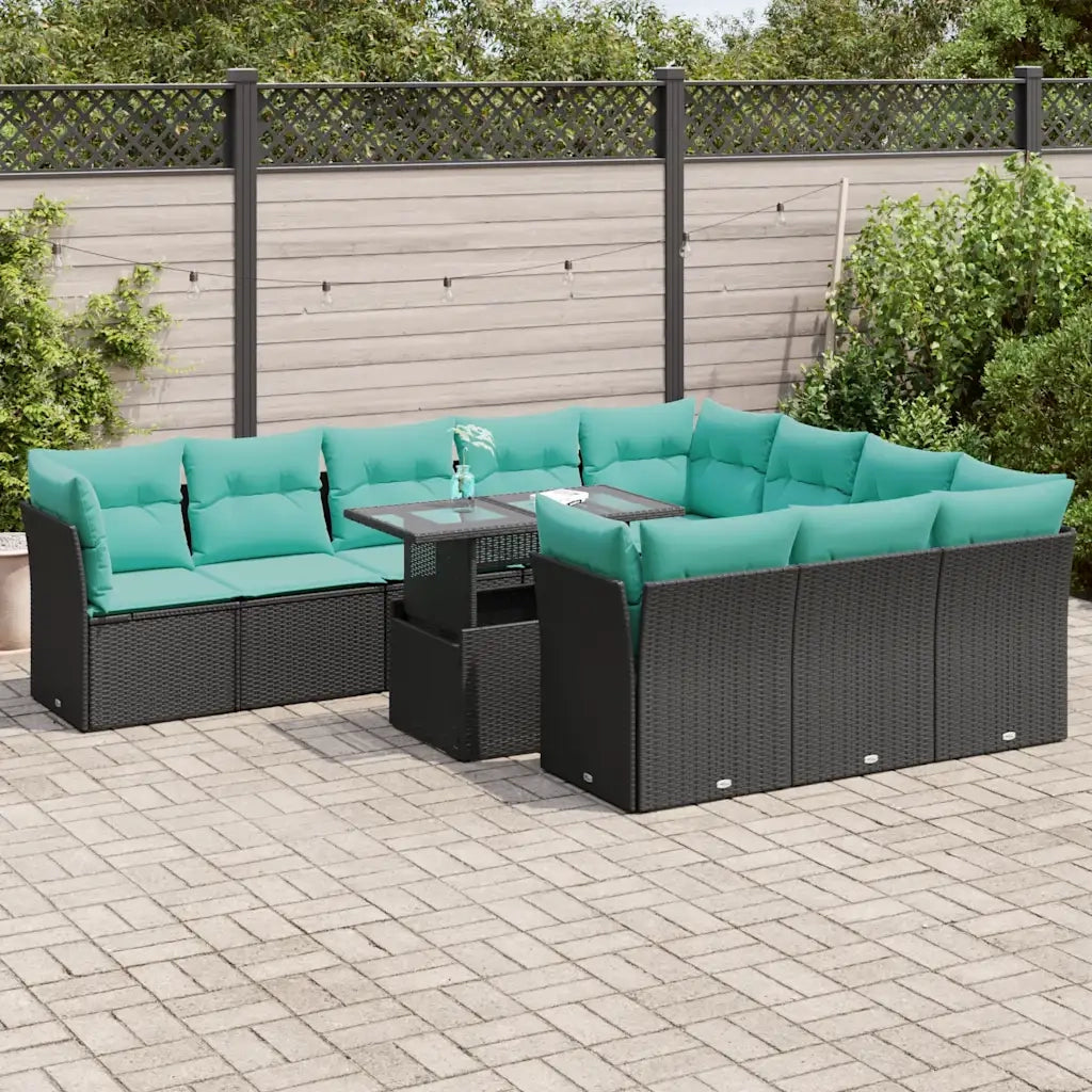 Set Divani da Giardino 11 pz con Cuscini Polyrattan Acacia Nero 3326228
