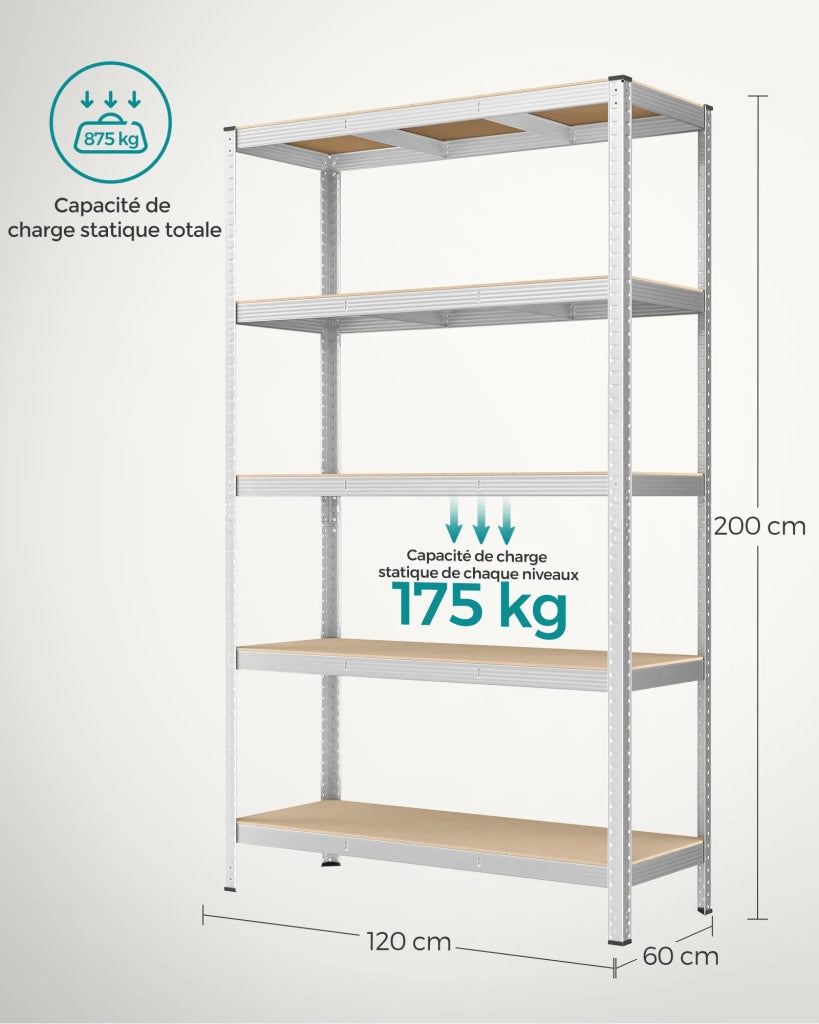 Mobiletto portaoggetti in acciaio per carichi pesanti a 5 ripiani montaggio senza attrezzi ripiano da garage per cassette degli attrezzi capacità di carico 875 kg 60 x 120 x 200 cm grigio 12_0005571