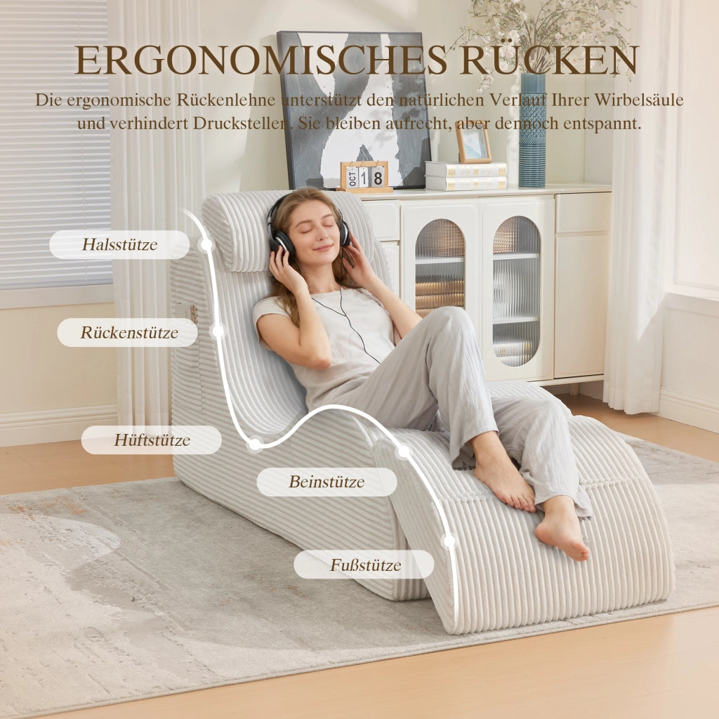 Poltrona singola ergonomica con tasca laterale e cuscino removibile in velluto a coste beige 160 × 66 × 90 cm