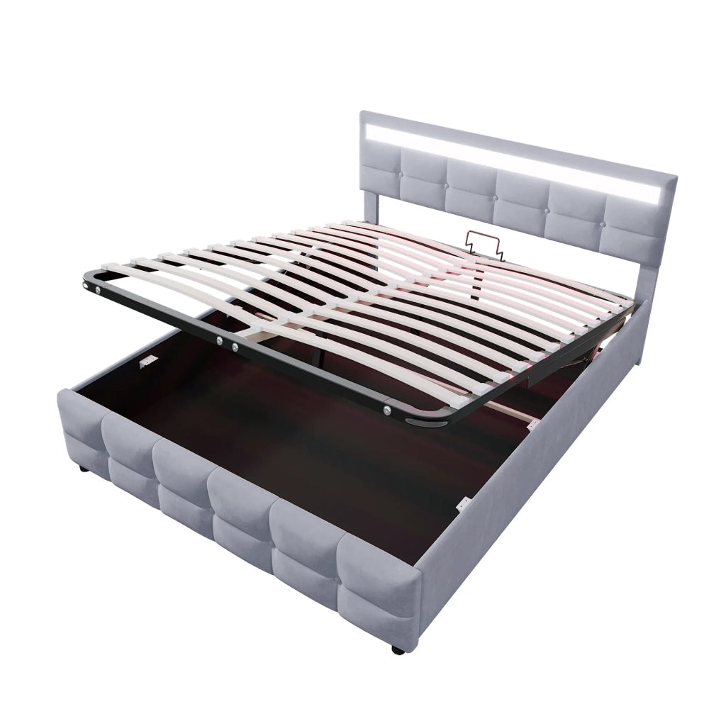 Letto matrimoniale contenitore 180x200 cm con LED; apertura idraulica; rivestimento in velluto grigio e rete