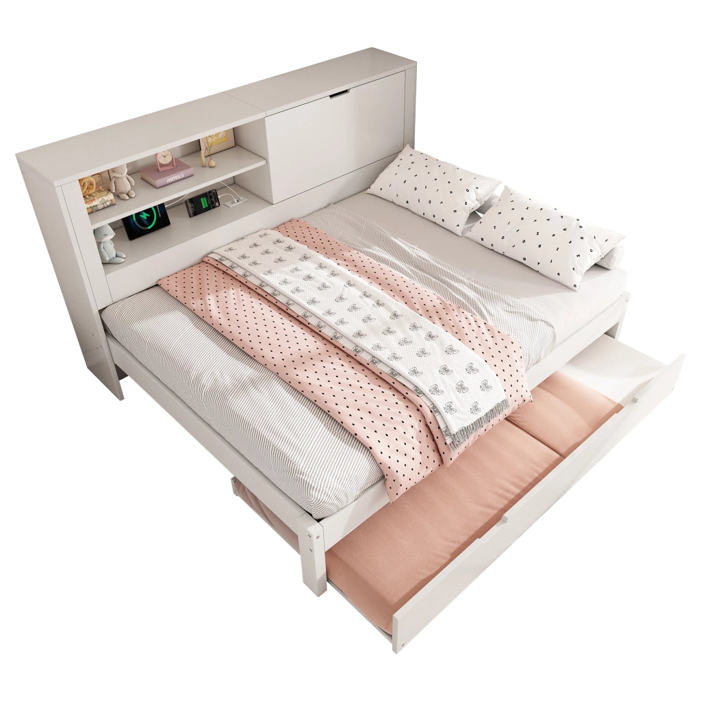 Letto a Divanetto 140x190 cm; Letto Matrimoniale con Estraibile; USB e Type-C - Bianco