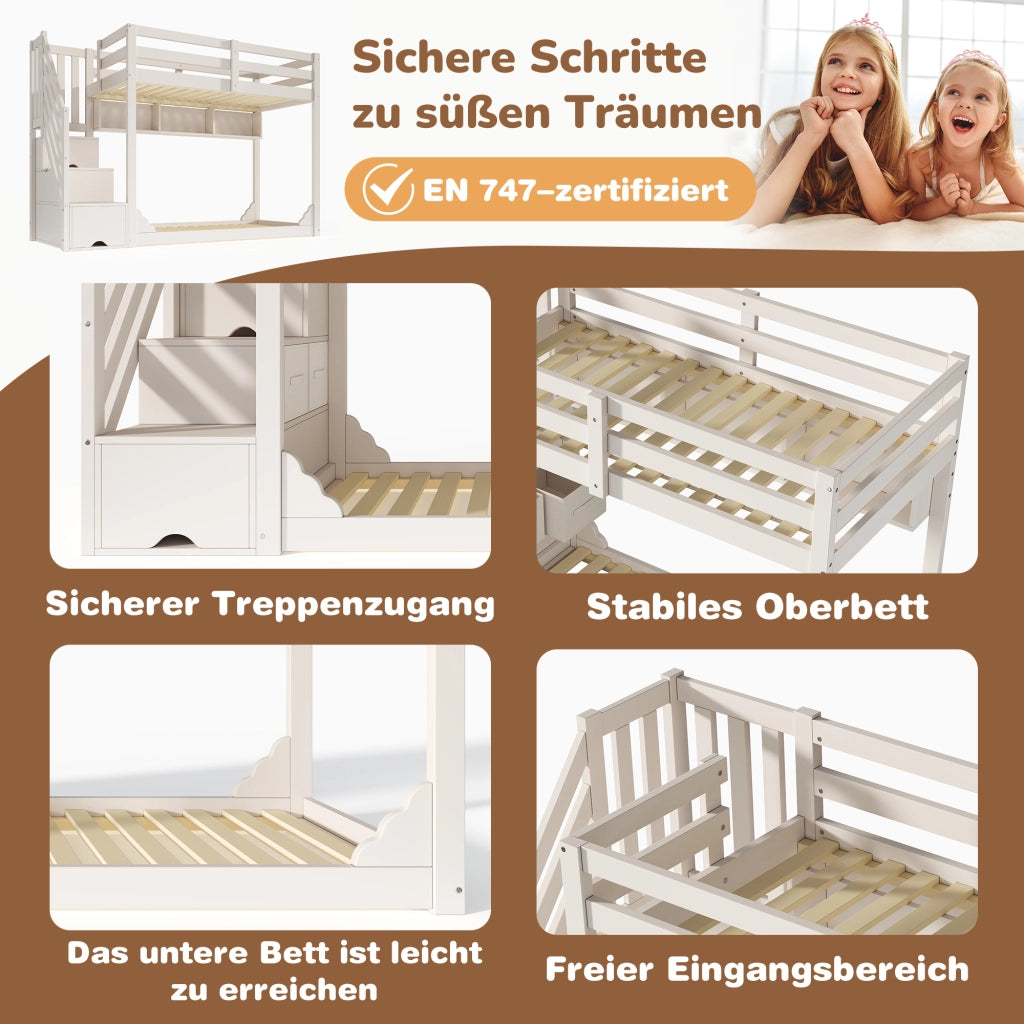 DESMIU Letto a castello bambino 90 × 200 cm 2 posti con scala contenitore e ripiani, senza materasso, in legno, bianco