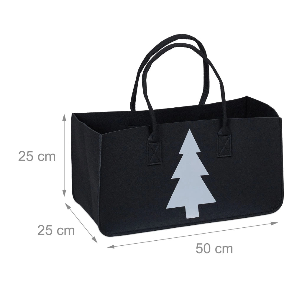 Pratico cesto porta legna da ardere con motivo albero di Natale 50 x 40 x 40 cm in feltro nero 13_0014107