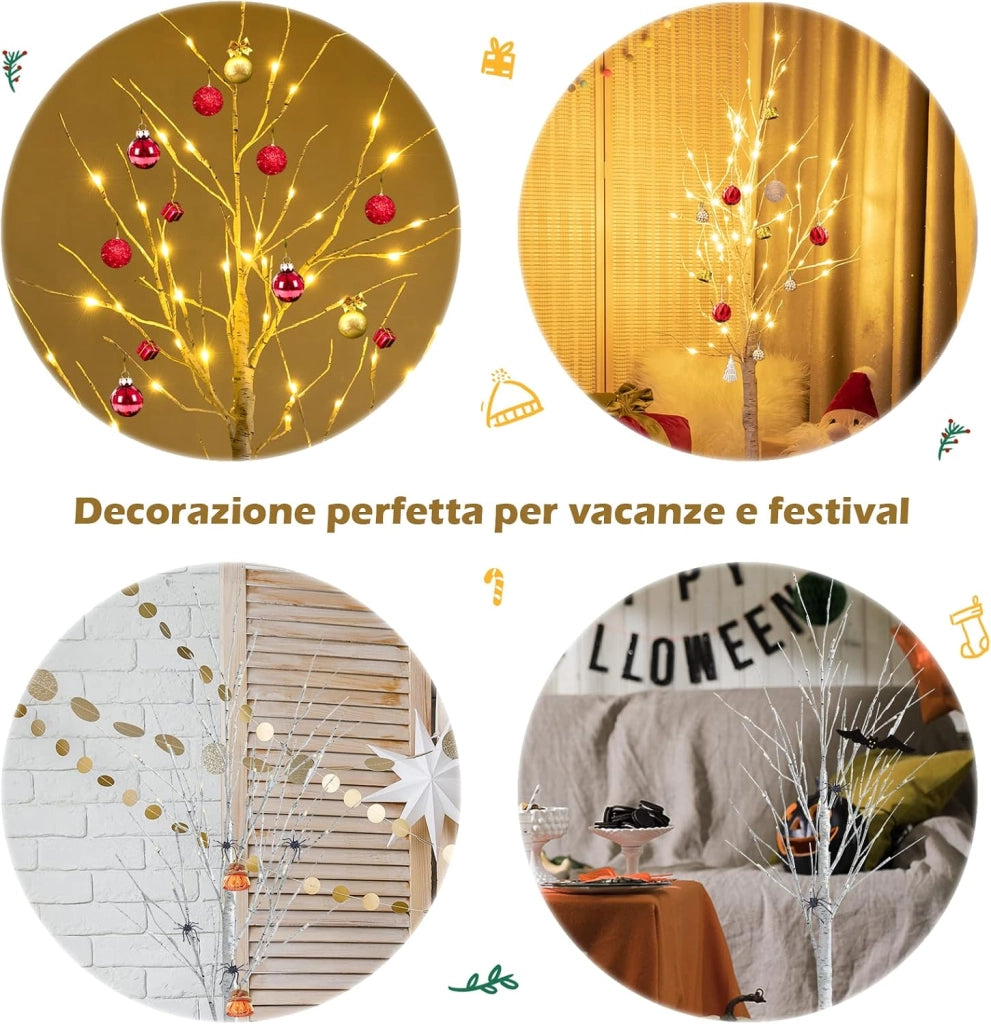Albero Artificiale Illuminato 120 cm con Rami di Betulla, Albero di Natale Bianco con Luci LED Calde e Bianche, Decorazione per Interno per Natale Pasqua