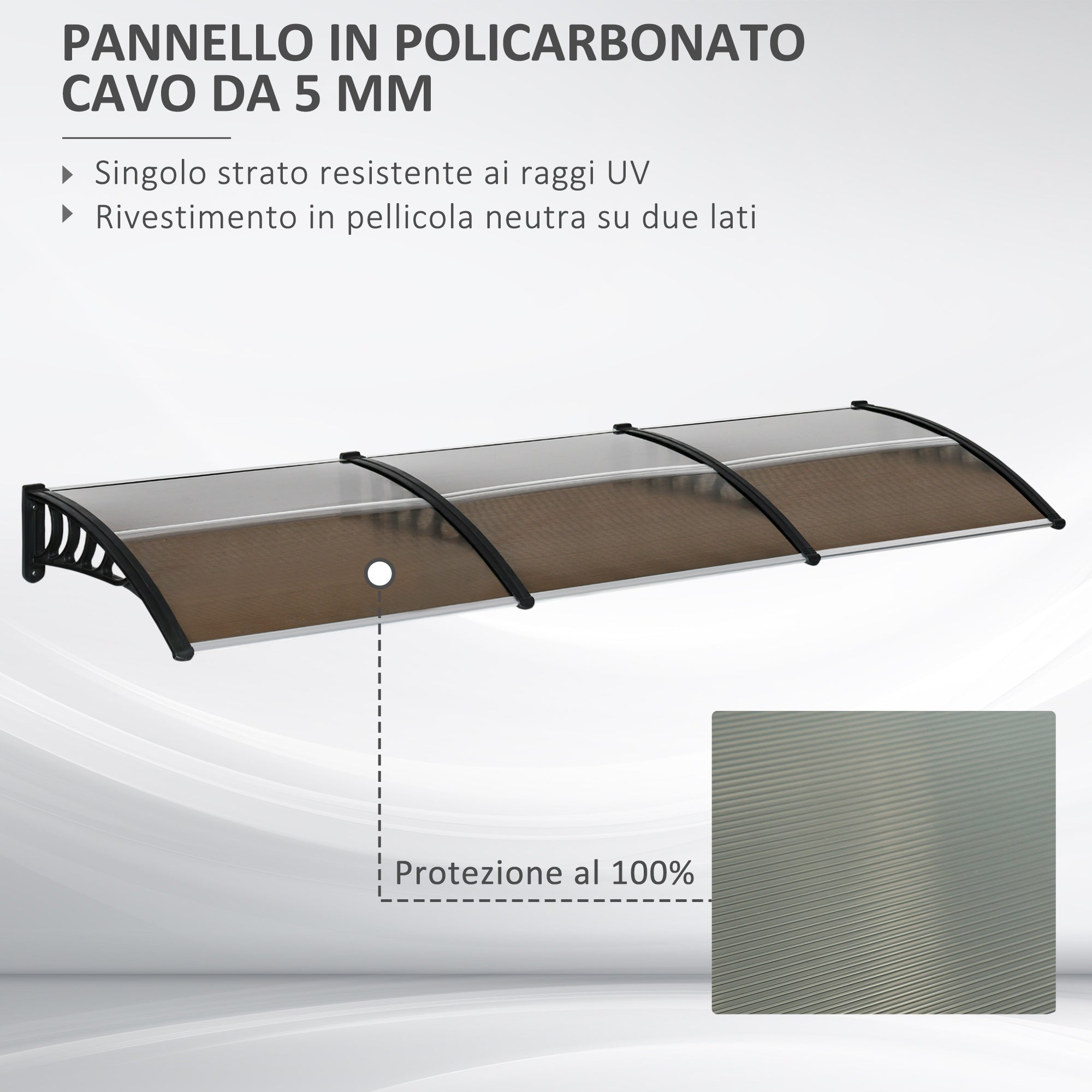 Pensilina Tettoia 300x100x26 cm in Policarbonato e Alluminio Marrone