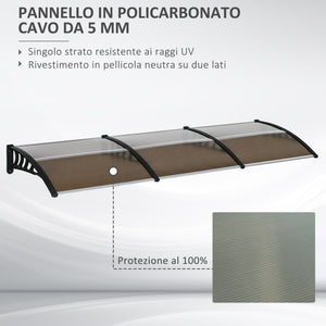 Pensilina Tettoia 300x100x26 cm in Policarbonato e Alluminio Marrone