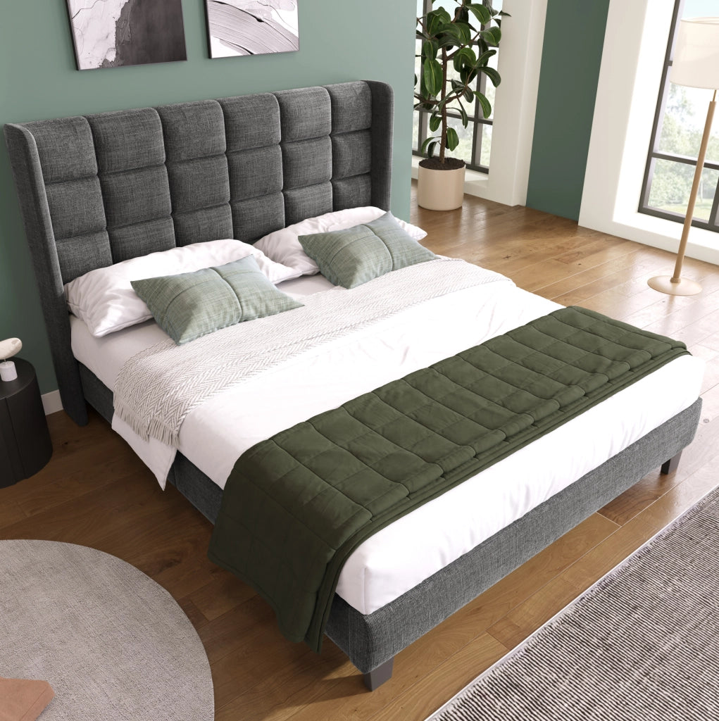 Letto matrimoniale imbottito 140x200 cm con testiera e rete a doghe; lino grigio