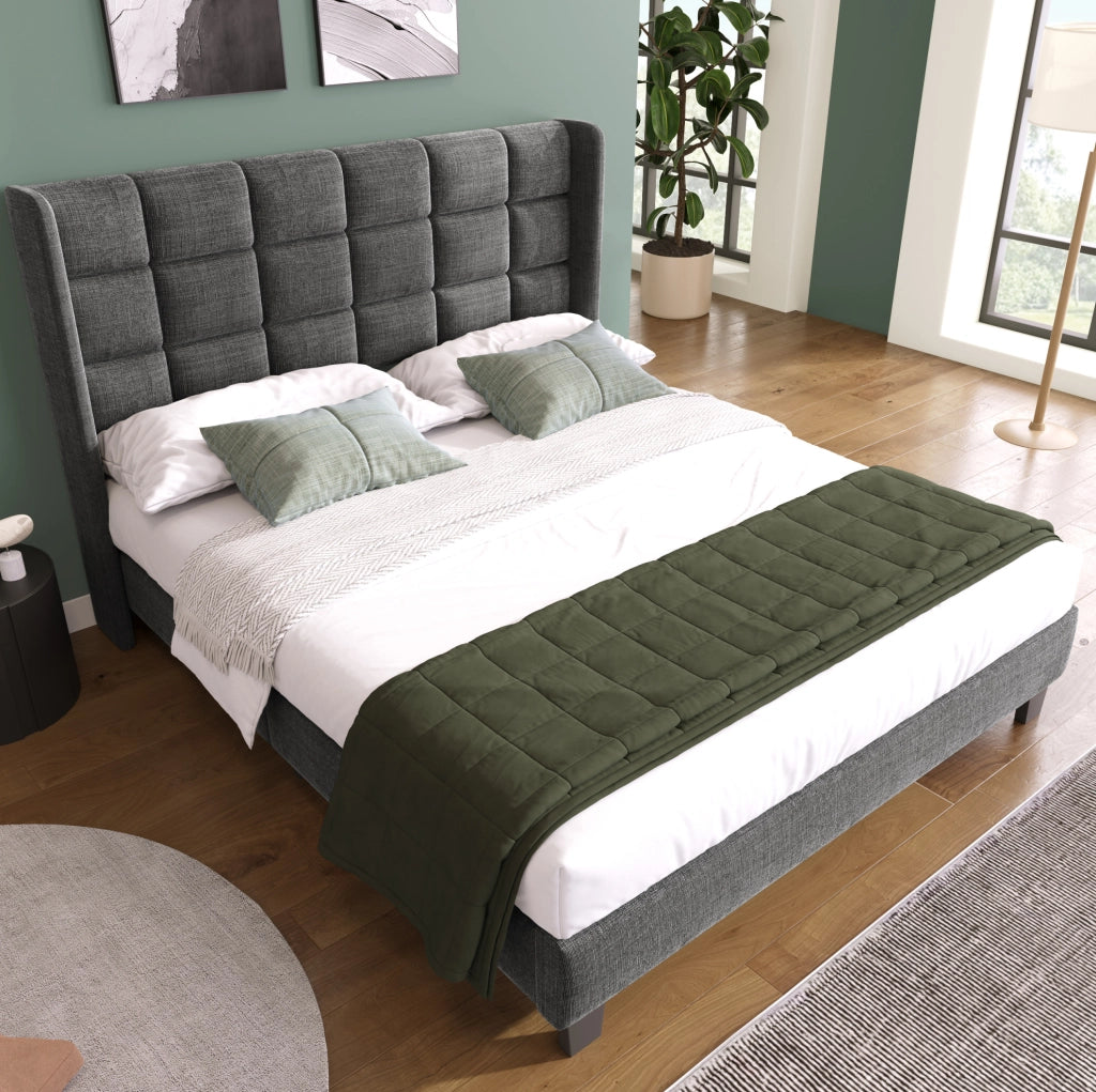 Letto matrimoniale imbottito 140x200 cm con testiera e rete a doghe; lino grigio