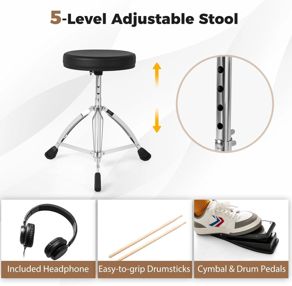 Batteria elettronica con pad, batteria musicale con 150 suoni, 10 dimostrazioni, piatti da 24 cm, strumento musicale con sgabello regolabile, pedali, bacchette e auricolari, USB MIDI