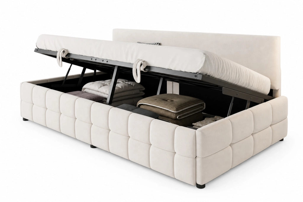 Letto imbottito singolo 90x200 cm con contenitore idraulico, schienale senza braccioli, velluto beige