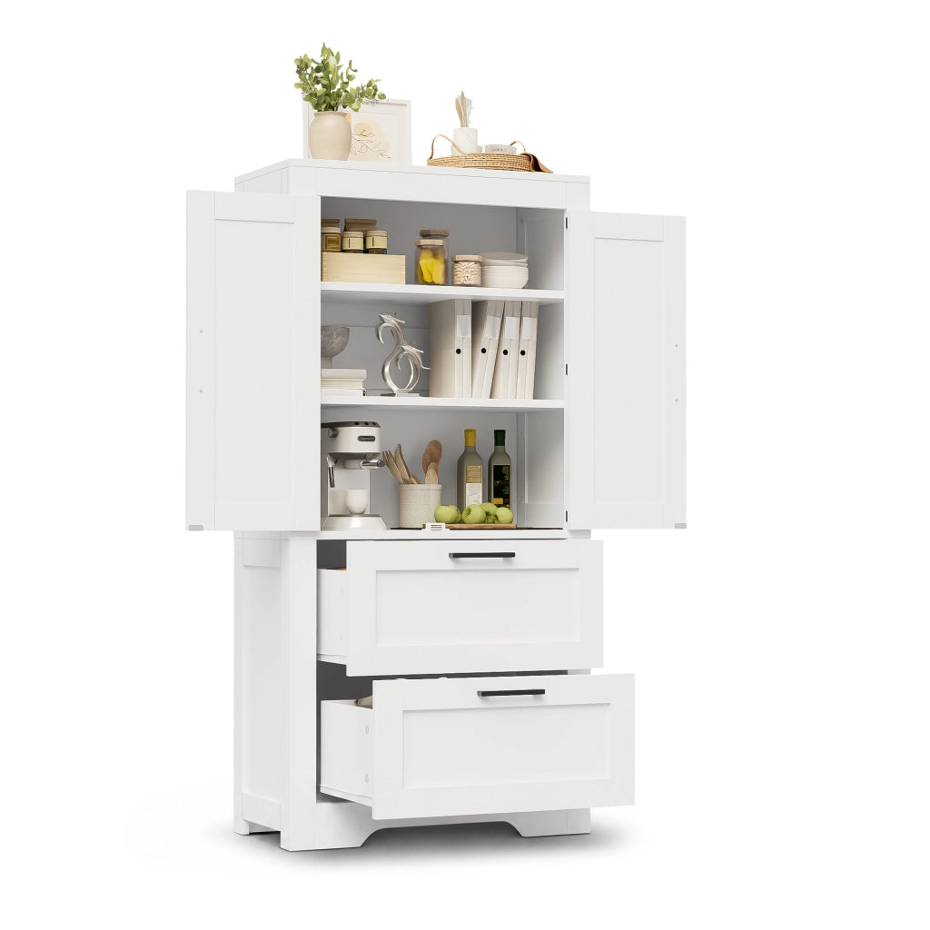 Credenza alta in stile rustico con ante effetto fienile, 2 cassetti, ripiani regolabili, colore bianco