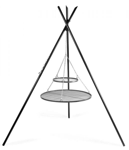 Barbecue Treppiede “TIPI” da 210 cm con 2 Griglie in Acciaio Naturale 80 cm + 40 cm