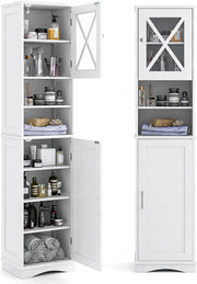 Mobile Bagno 40 x 30 x 170,5cm, Armadietto a Colonna Stretto e Alto con 5 Ripiani Regolabili e 2 Porte, Armadio da Terra in Legno per Soggiorno, Camera da Letto, Salotto e Cucina (Bianco)