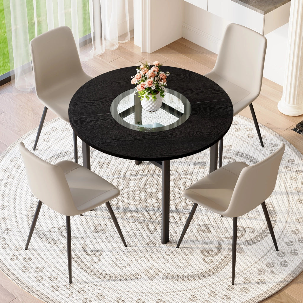 Tavolo da pranzo rotondo con ripiano in vetro e 4 sedie in PU con schienale ergonomico nero e grigio caldo Ø 100 cm