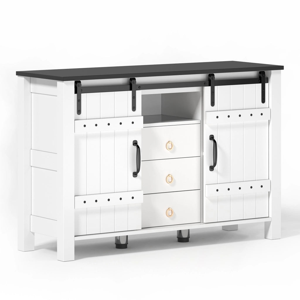 Credenza Sideboard da 120 cm con 2 porte scorrevoli e 3 cassetti, bianca, in MDF, stile rustico moderno