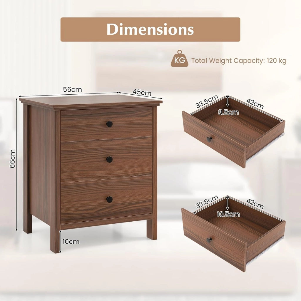 Comodino in legno rosso-marrone, credenza piccola con 3 cassetti, cassettiera autoportante, cassettiera moderna in legno, 56 x 45 x 66 cm