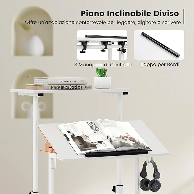 Scrivania per Computer Regolabile in Altezza, Scrivania Salvaspazio con Ruote e Ganci, Tavolo Porta PC per Studio e Ufficio, 60 x 60 x 72-124 cm (Bianco)
