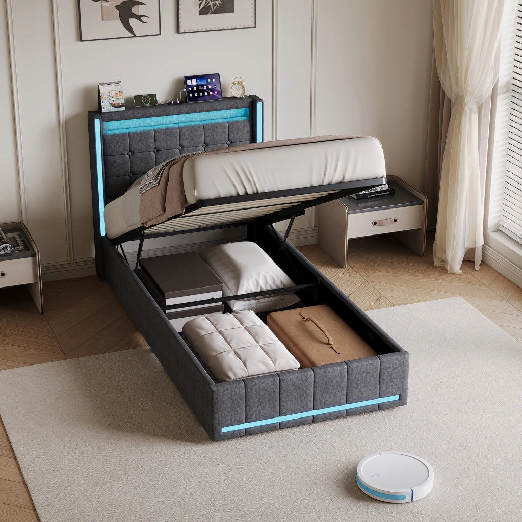Letto singolo 90x200 cm con contenitore e LED  struttura letto con testiera e USB  letto contenitore in acciaio-grigio