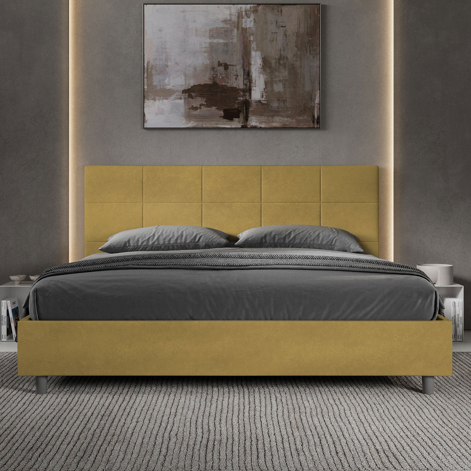 Letto Matrimoniale King Size 180x210 cm con Rete Imbottito in Microfibra Mika Ocra