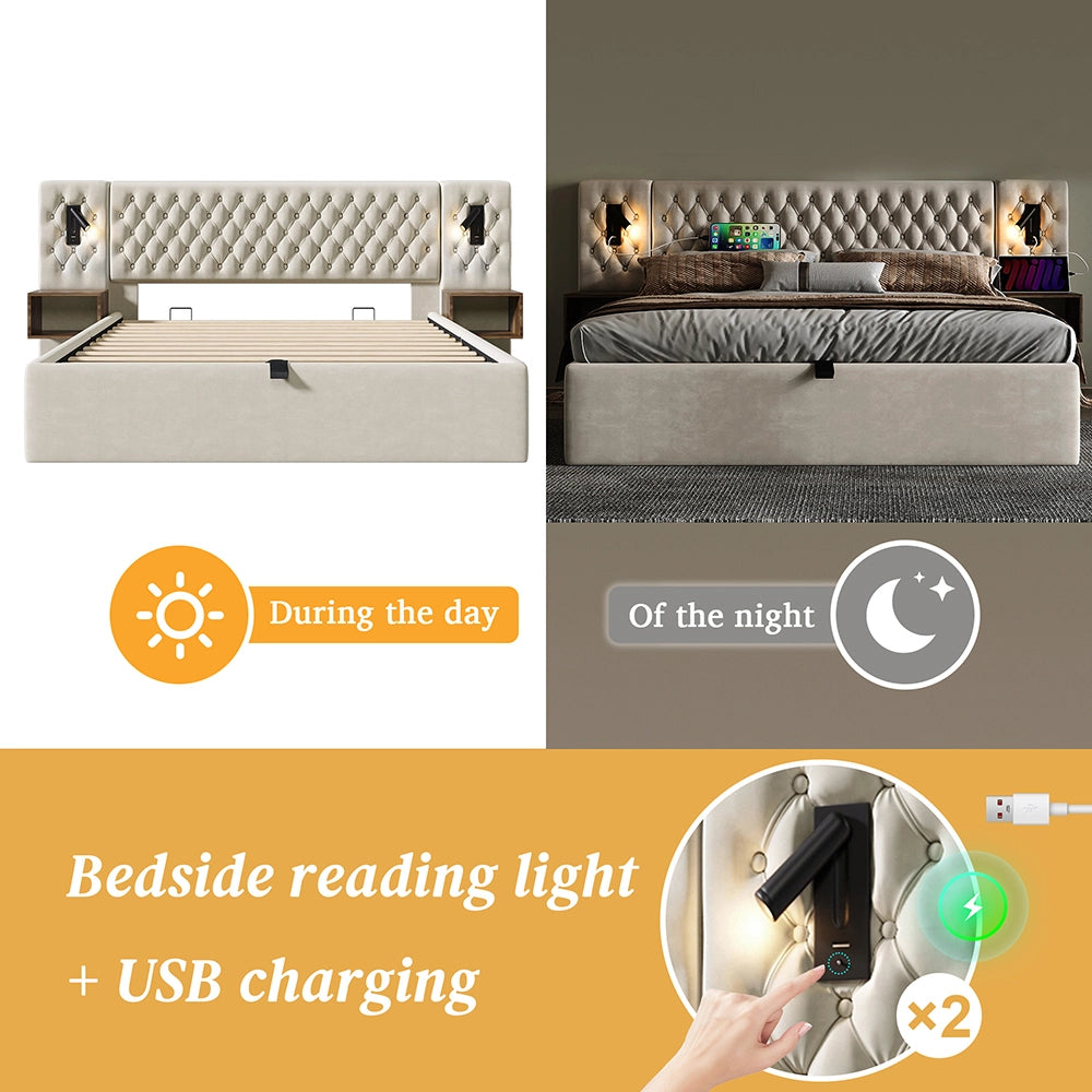 Letto con contenitore e materasso - Xylo - 160x200 cm - Velluto Beige - Luci di lettura e ricarica USB