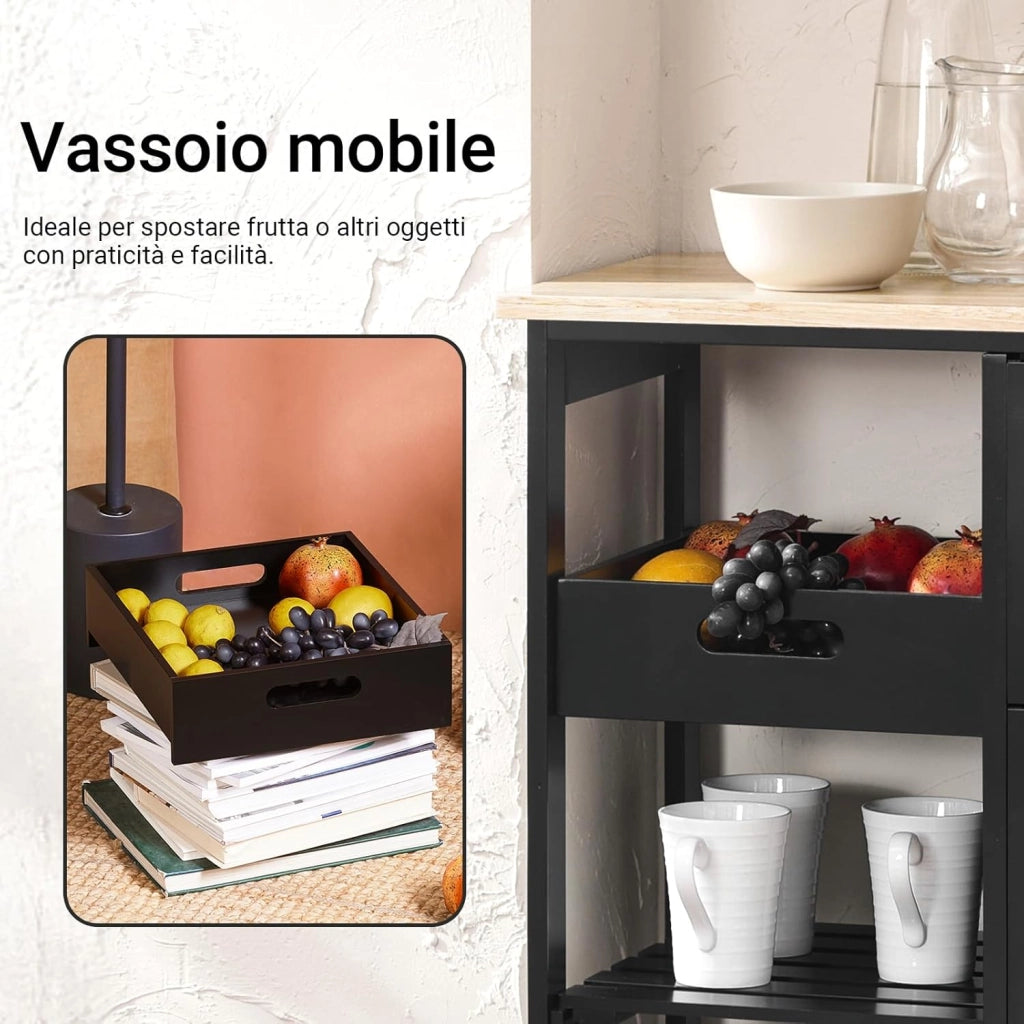 Carrello Cucina con 3 Cassetti e 1 Cestino, Mobiletto Cucina Salvaspazio con 4 Ruote Girevoli, Credenza Cucina o Bagno, Mobiletto Cucina Dispensa, L68 x P38 x A85 cm, nero,FKW79-SCH