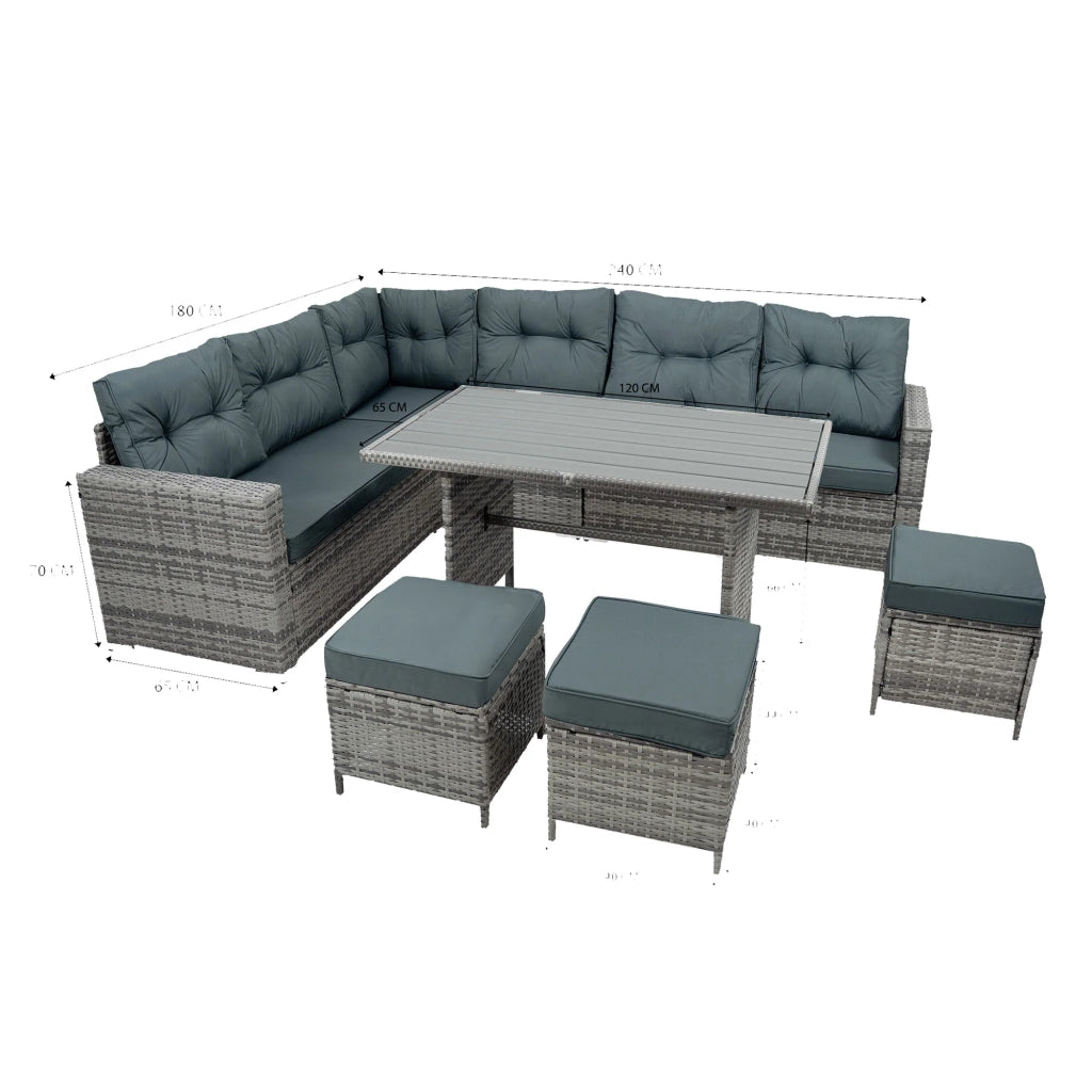 Set Angolare Rattan Giardino 9 Posti Grigio Tavolo Cuscini Impermeabili
