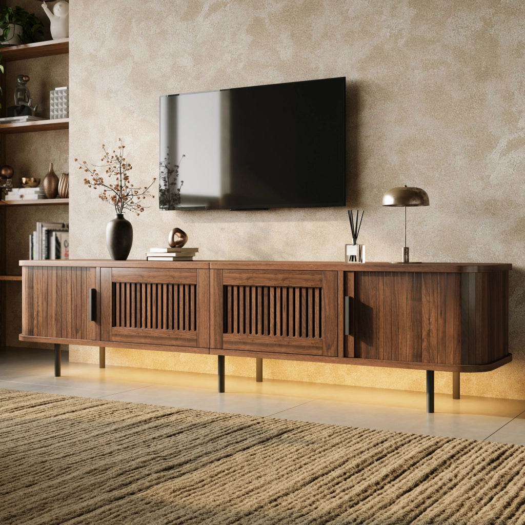 Mobile TV basso 180 cm con LED APP; 2 cassetti e porte scorrevoli; noce