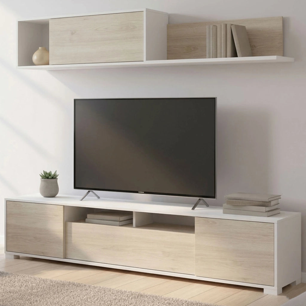 Parete attrezzata Abbete, Set da soggiorno porta TV, Mobile salotto multiuso, 200x41h180 cm, Rovere e Bianco
