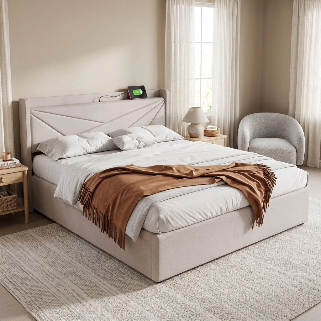 Letto matrimoniale con contenitore 180x200 cm in cotone e lino beige; con USB e Type-C