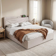 Letto matrimoniale con contenitore 180x200 cm in cotone e lino beige; con USB e Type-C