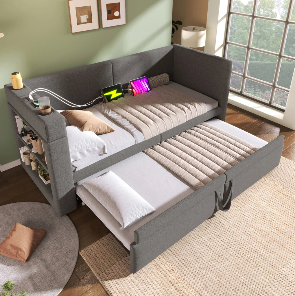 Divano letto con letto estraibile 90x200 cm; braccioli reversibili; USB e Type-C; grigio