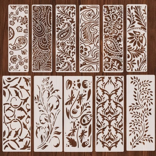 Set di 11 stencil per pittura, creazione di mobili, decorazione di torte, disegno di texture, progetti di fai da te con pareti in legno e molto altro.