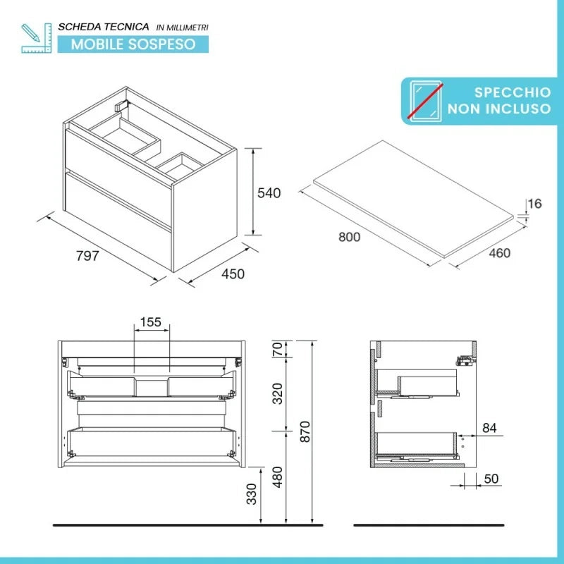 Mobile bagno sospeso 80 cm bianco lucido con top per lavabo da appoggio Gaya