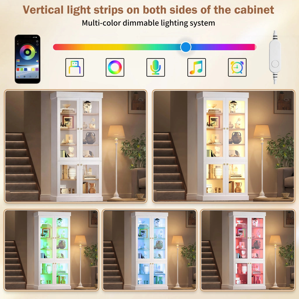 Armadio vetrina con LED multicolore, ripiani regolabili e antiribaltamento, per soggiorno, 160 × 40 × 180 cm